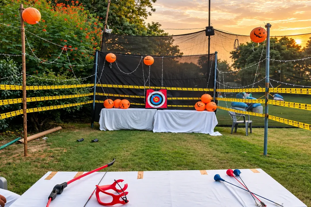 Archery setup with bows on a table facing a target in a netted lawn area