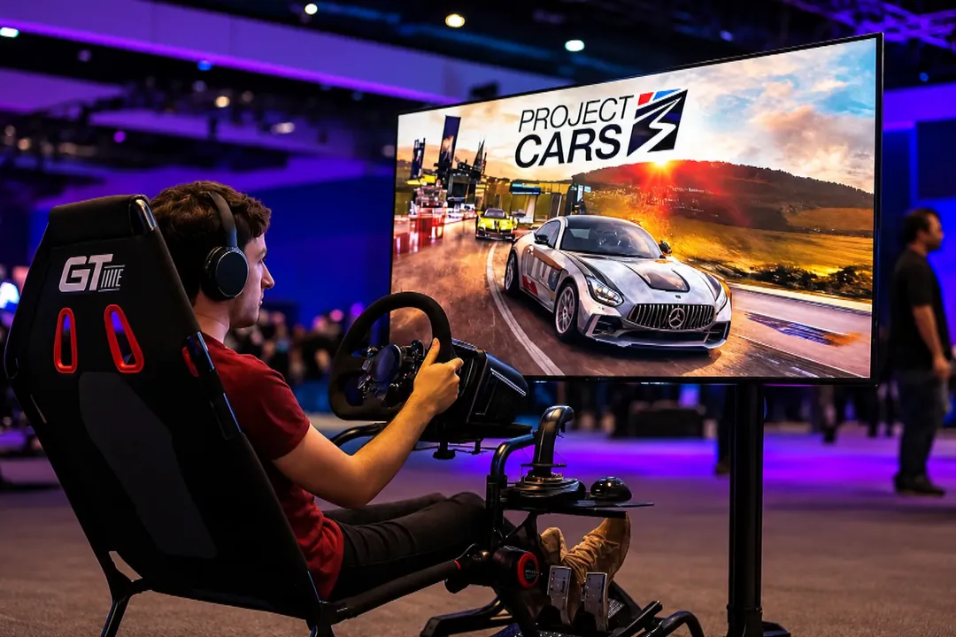 Racing simulator cockpit with a steering wheel in front of a large screen at an event