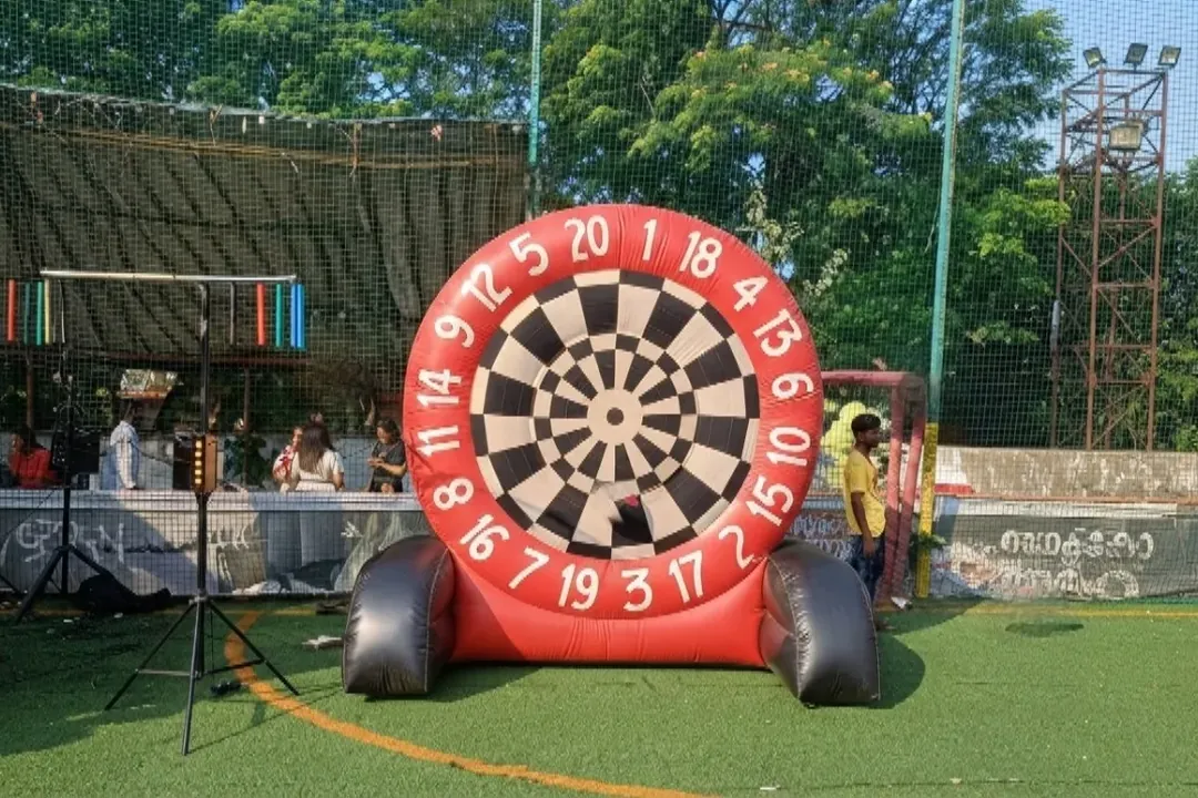 Giant inflatable dartboard set up outdoors