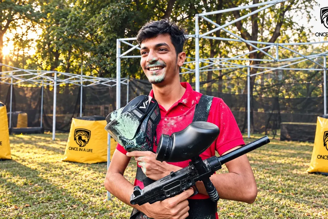 Smiling player in a paintball vest holding a marker
