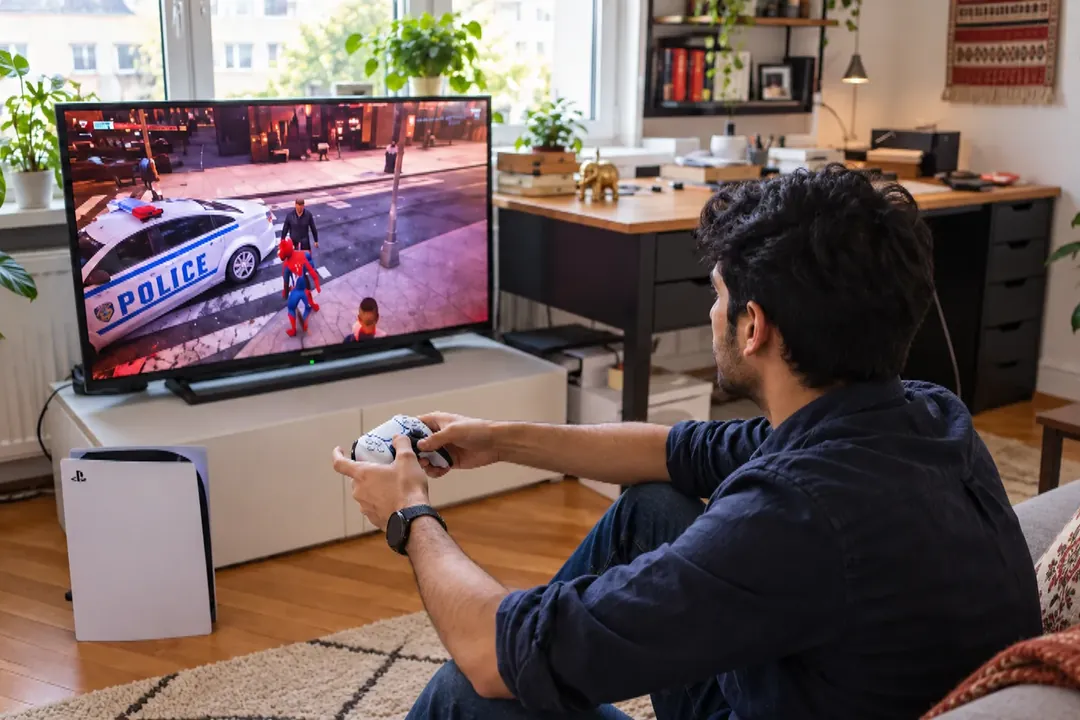 Person playing a game on a PlayStation 5 console in front of a large screen