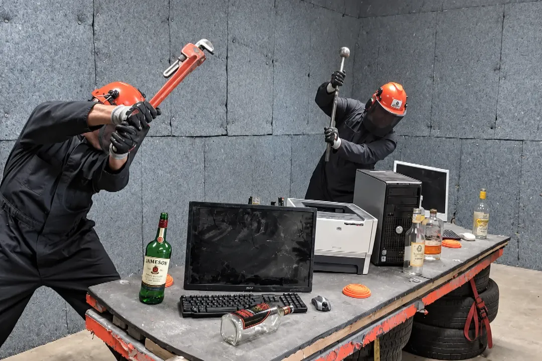 Two people in helmets and protective gear smashing old electronics in a rage room
