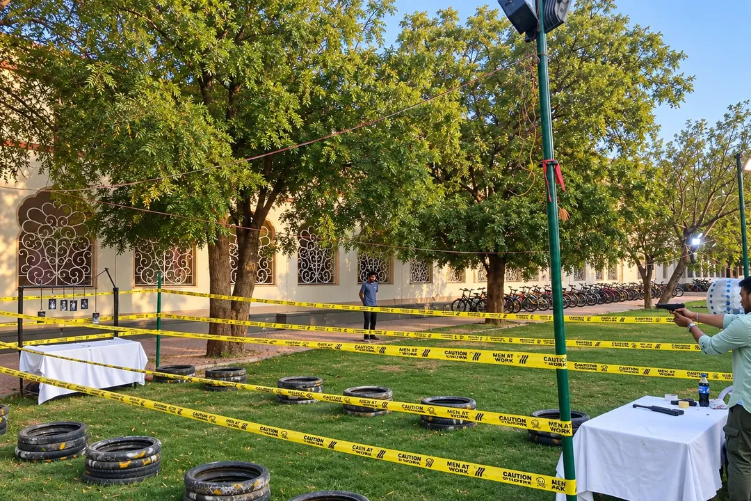 Outdoor target shooting range marked out with tape and tyres on the grass
